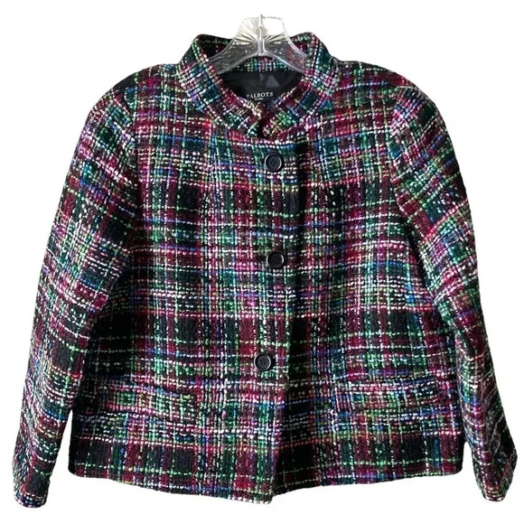 TALBOTS | Multicolored Tweed Wool Blend 90s Blazer Jacket Size 8P - Picture 2 of 9